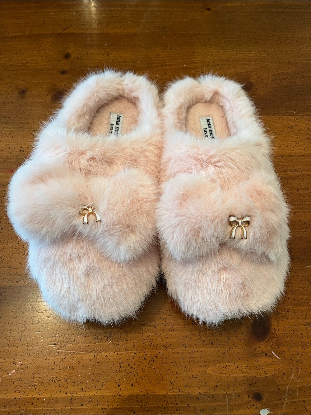 NWOT - Luna Mellow Luxe Faux Fur Bow Slippers - Blush Pink - Size XL